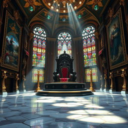 A grand royal throne room, lavishly decorated with ornate gold and jewel-toned accents