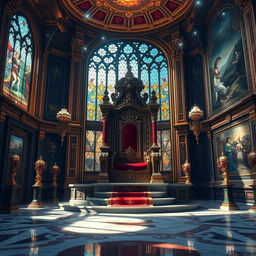 A grand royal throne room, lavishly decorated with ornate gold and jewel-toned accents