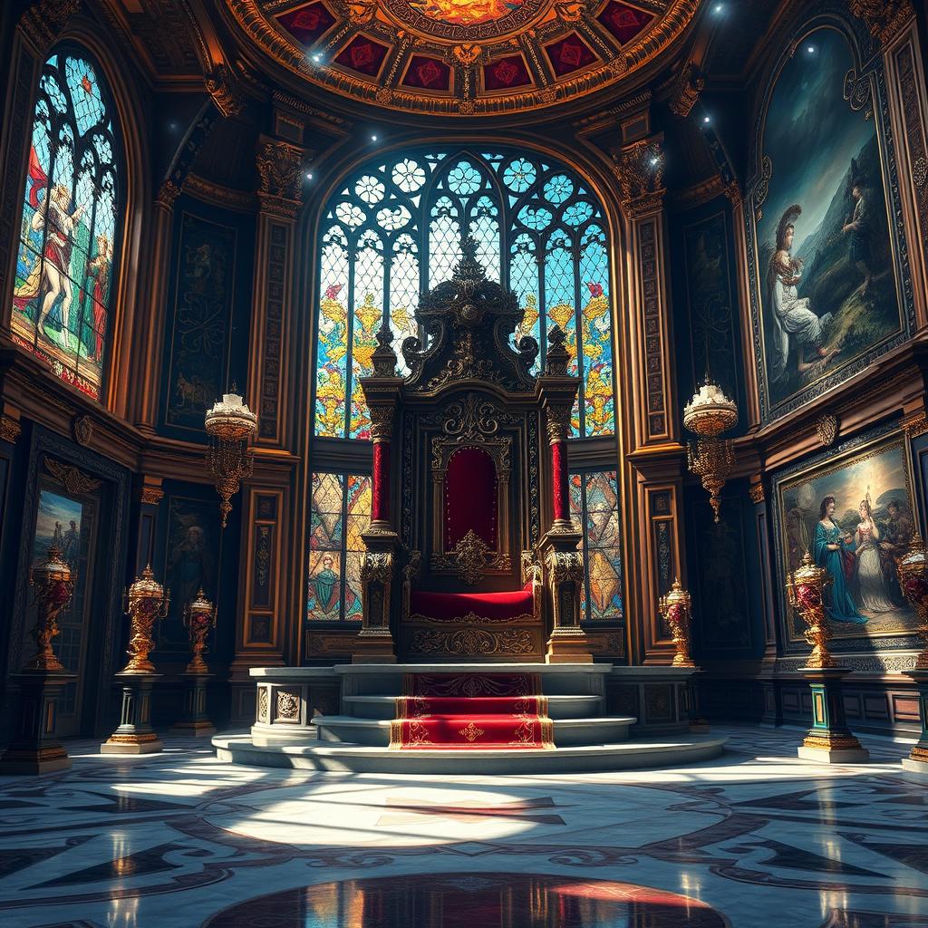 A grand royal throne room, lavishly decorated with ornate gold and jewel-toned accents