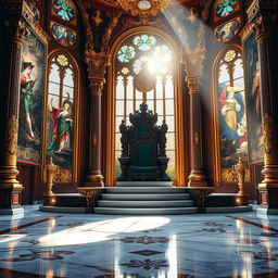 A grand royal throne room, lavishly decorated with ornate gold and jewel-toned accents