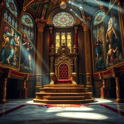 A grand royal throne room, lavishly decorated with ornate gold and jewel-toned accents