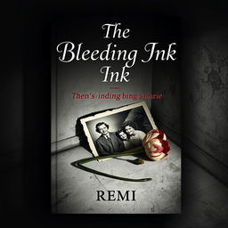 A haunting book cover design for "The Bleeding Ink" by REMI, featuring a faded family photograph lying in a forgotten corner, cracked and torn, its edges curling with time