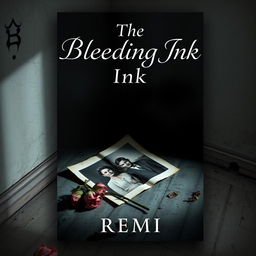 A haunting book cover design for "The Bleeding Ink" by REMI, featuring a faded family photograph lying in a forgotten corner, cracked and torn, its edges curling with time