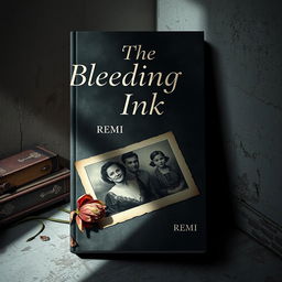 A haunting book cover design for "The Bleeding Ink" by REMI, featuring a faded family photograph lying in a forgotten corner, cracked and torn, its edges curling with time