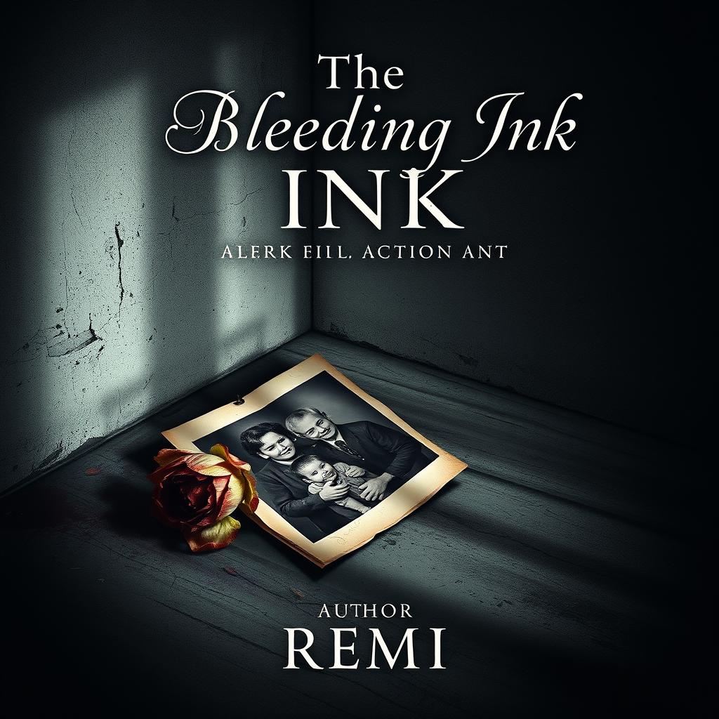 A haunting book cover design for "The Bleeding Ink" by REMI, featuring a faded family photograph lying in a forgotten corner, cracked and torn, its edges curling with time
