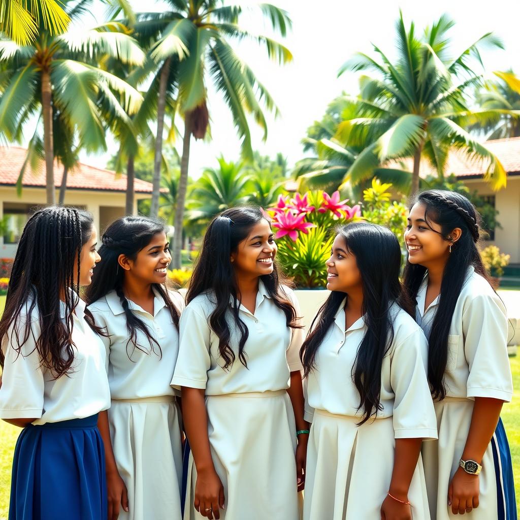 A group of Sri Lankan school girls, wearing traditional school uniforms, gathered on a beautiful green schoolyard