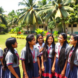 A group of Sri Lankan school girls, wearing traditional school uniforms, gathered on a beautiful green schoolyard