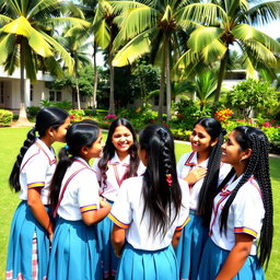 A group of Sri Lankan school girls, wearing traditional school uniforms, gathered on a beautiful green schoolyard