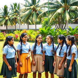 A group of Sri Lankan school girls, wearing traditional school uniforms, gathered on a beautiful green schoolyard