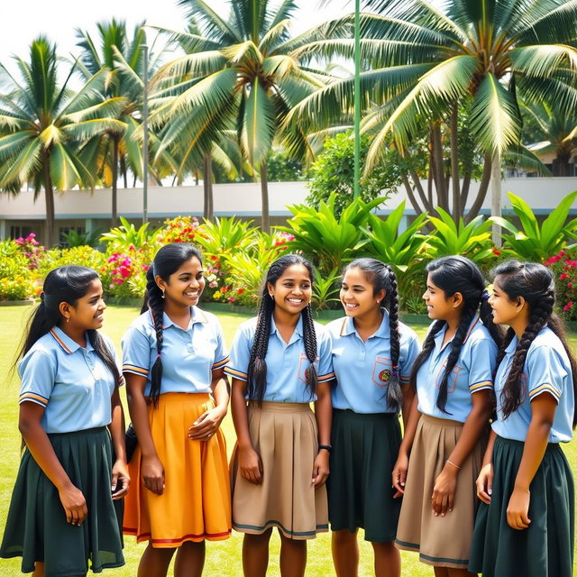 A group of Sri Lankan school girls, wearing traditional school uniforms, gathered on a beautiful green schoolyard