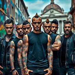 A vibrant scene featuring five male thugs in a gritty urban environment of Rome, Italy