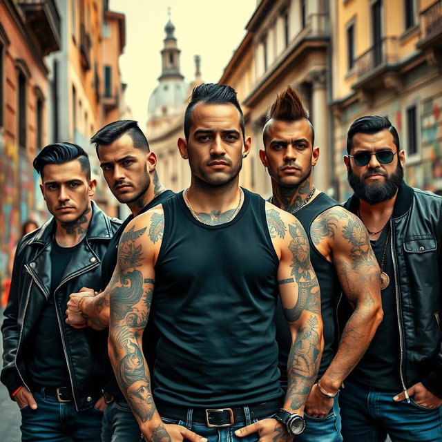 A vibrant scene featuring five male thugs in a gritty urban environment of Rome, Italy