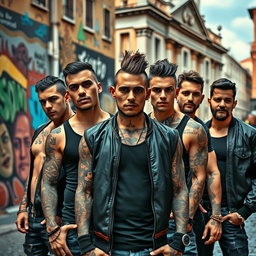 A vibrant scene featuring five male thugs in a gritty urban environment of Rome, Italy