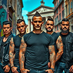 A vibrant scene featuring five male thugs in a gritty urban environment of Rome, Italy