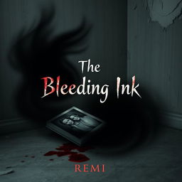 A haunting book cover design for "The Bleeding Ink" by REMI, featuring a faded family photograph lying in a forgotten corner, cracked and torn, with its edges curling with time