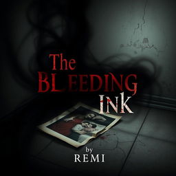 A haunting book cover design for "The Bleeding Ink" by REMI, featuring a faded family photograph lying in a forgotten corner, cracked and torn, with its edges curling with time