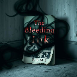 A haunting book cover design for "The Bleeding Ink" by REMI, featuring a faded family photograph lying in a forgotten corner, cracked and torn, with its edges curling with time