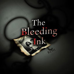 A haunting book cover design for "The Bleeding Ink" by REMI, featuring a faded family photograph lying in a forgotten corner, cracked and torn, with its edges curling with time