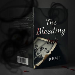 A haunting book cover design for "The Bleeding Ink" by REMI, featuring a faded family photograph lying in a forgotten corner, cracked and torn, with its edges curling with time