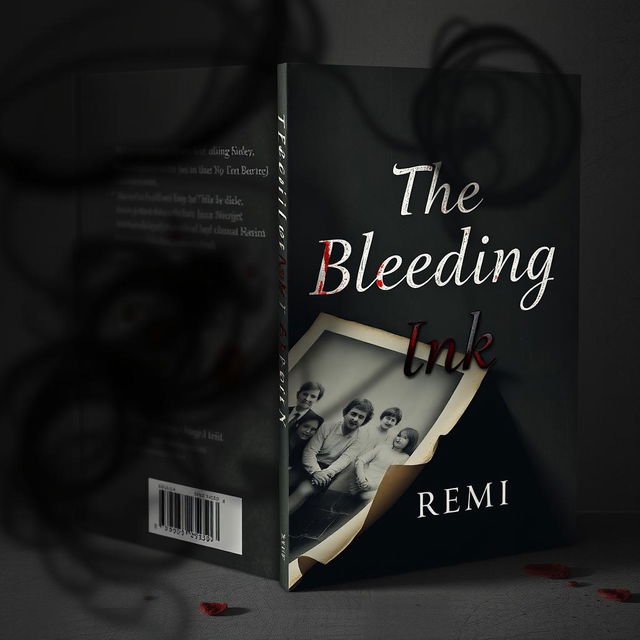 A haunting book cover design for "The Bleeding Ink" by REMI, featuring a faded family photograph lying in a forgotten corner, cracked and torn, with its edges curling with time