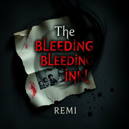 A haunting book cover design for "The Bleeding Ink" by REMI, featuring a faded family photograph lying in a forgotten corner, cracked and torn, with its edges curling with time