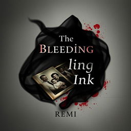 A haunting book cover design for "The Bleeding Ink" by REMI, featuring a faded family photograph lying in a forgotten corner, cracked and torn, with its edges curling with time
