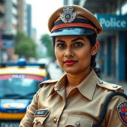 A portrait of an Indian police woman in a professional setting, wearing a crisp police uniform complete with badge and cap, standing confidently with a serious expression