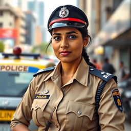 A portrait of an Indian police woman in a professional setting, wearing a crisp police uniform complete with badge and cap, standing confidently with a serious expression