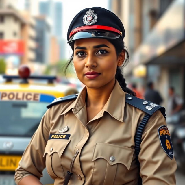 A portrait of an Indian police woman in a professional setting, wearing a crisp police uniform complete with badge and cap, standing confidently with a serious expression
