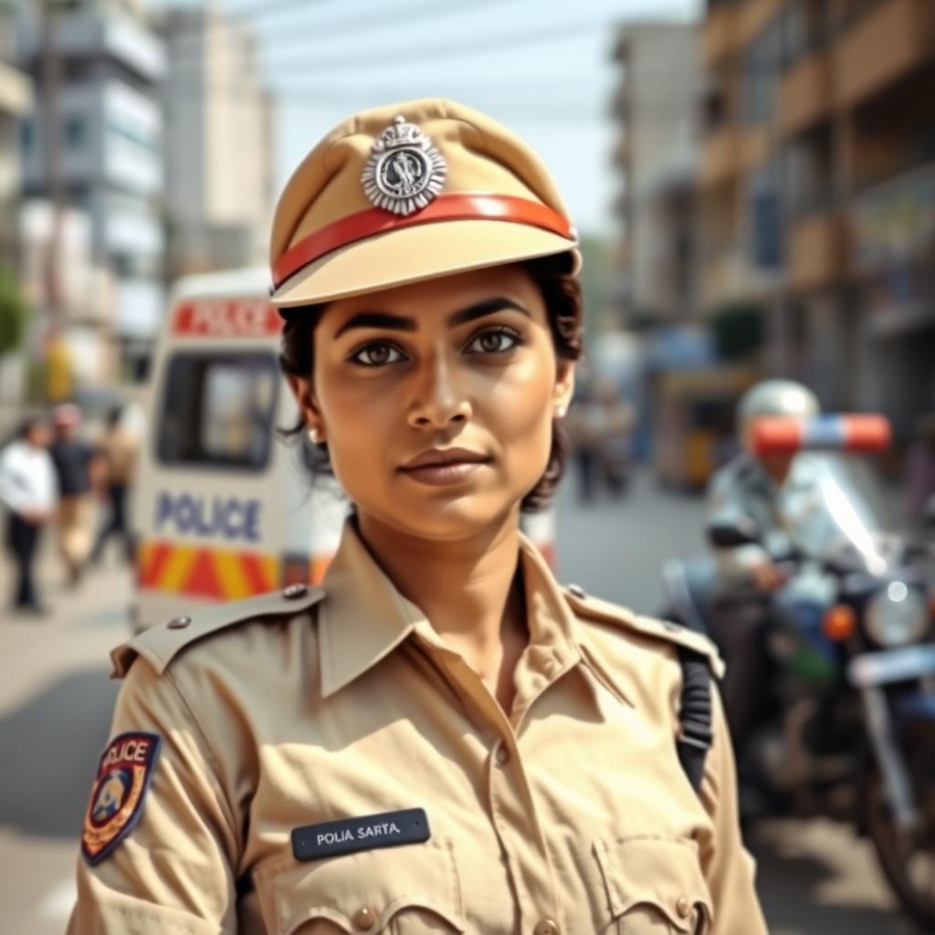 A portrait of an Indian police woman in a professional setting, wearing a crisp police uniform complete with badge and cap, standing confidently with a serious expression