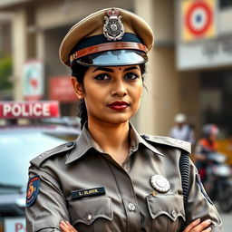 A portrait of an Indian police woman in a professional setting, wearing a crisp police uniform complete with badge and cap, standing confidently with a serious expression