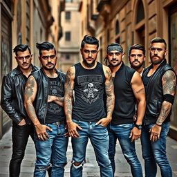 A dramatic scene featuring five male thugs in an urban environment of Rome, Italy