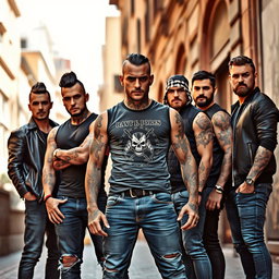 A dramatic scene featuring five male thugs in an urban environment of Rome, Italy