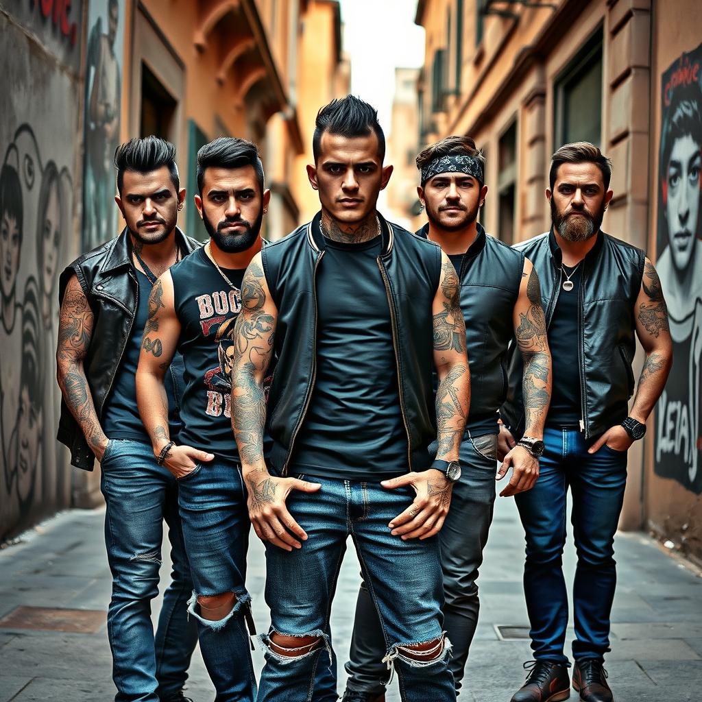 A dramatic scene featuring five male thugs in an urban environment of Rome, Italy