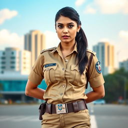 A strong and confident Indian policewoman in her uniform, standing tall with a determined expression