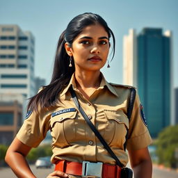 A strong and confident Indian policewoman in her uniform, standing tall with a determined expression