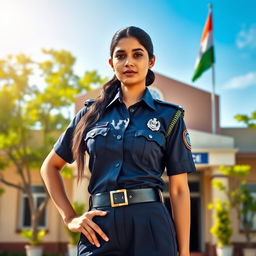 A majestic scene featuring a confident Indian police woman in a traditional police uniform, standing proudly in front of her police station