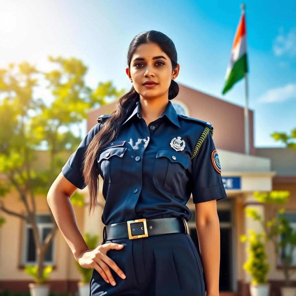 A majestic scene featuring a confident Indian police woman in a traditional police uniform, standing proudly in front of her police station