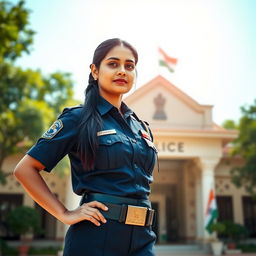 A majestic scene featuring a confident Indian police woman in a traditional police uniform, standing proudly in front of her police station