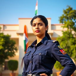 A majestic scene featuring a confident Indian police woman in a traditional police uniform, standing proudly in front of her police station
