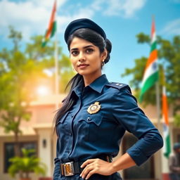A majestic scene featuring a confident Indian police woman in a traditional police uniform, standing proudly in front of her police station