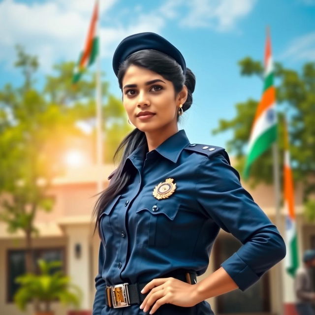 A majestic scene featuring a confident Indian police woman in a traditional police uniform, standing proudly in front of her police station