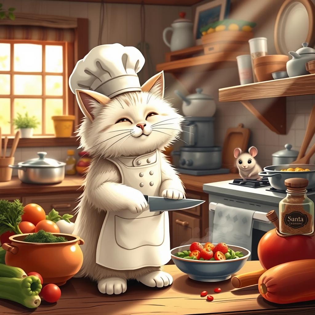 A whimsical scene featuring a cute cat dressed as a chef, preparing a delicious meal in a cozy kitchen