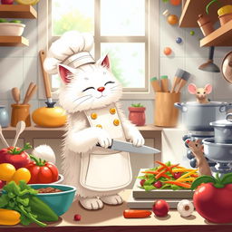 A whimsical scene featuring a cute cat dressed as a chef, preparing a delicious meal in a cozy kitchen