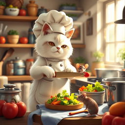 A whimsical scene featuring a cute cat dressed as a chef, preparing a delicious meal in a cozy kitchen