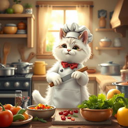 A whimsical scene featuring a cute cat dressed as a chef, preparing a delicious meal in a cozy kitchen
