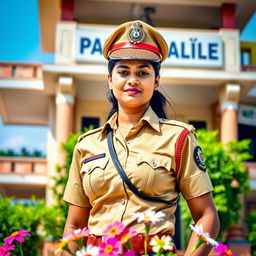 A proud and confident Indian policewoman standing in front of a police station, wearing a traditional khaki uniform with a police cap, a badge on her chest, and a utility belt