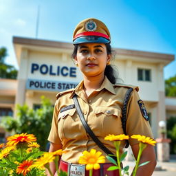 A proud and confident Indian policewoman standing in front of a police station, wearing a traditional khaki uniform with a police cap, a badge on her chest, and a utility belt