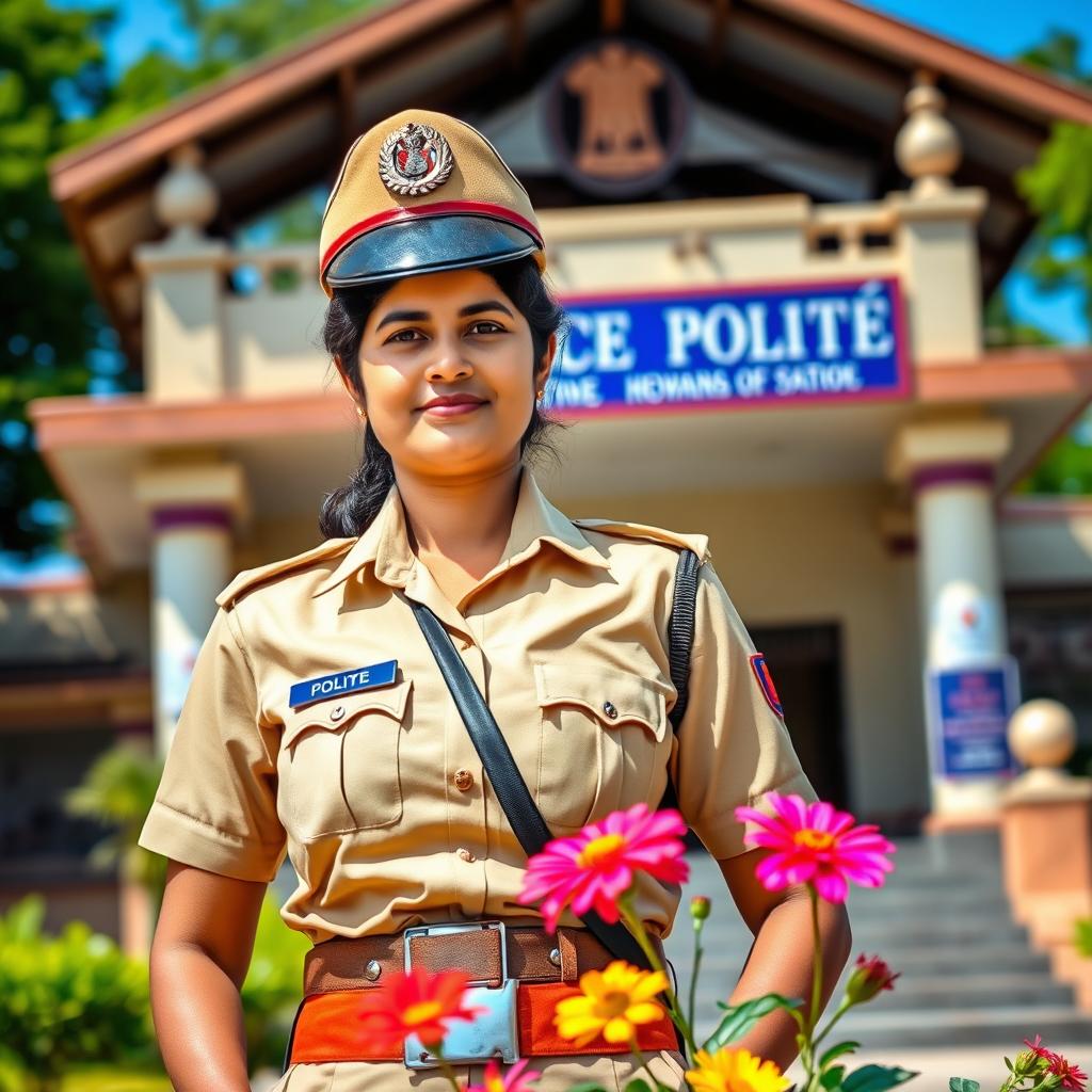 A proud and confident Indian policewoman standing in front of a police station, wearing a traditional khaki uniform with a police cap, a badge on her chest, and a utility belt