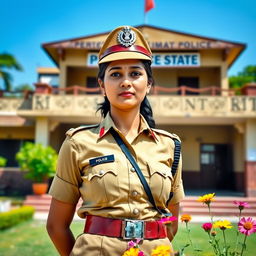 A proud and confident Indian policewoman standing in front of a police station, wearing a traditional khaki uniform with a police cap, a badge on her chest, and a utility belt